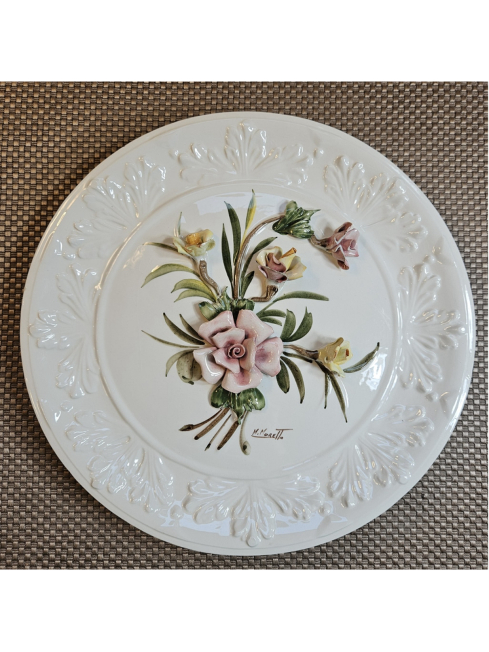 Vintage Italian Flowers Capodimonte Wall Plaque Signed M. MORETTO Larger 11¾"